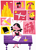 Happy woman planning future writing wish list, illustration