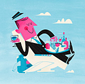 Businessman eating on airplane seat, illustration