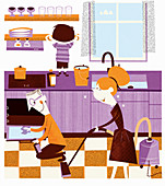 Happy family cleaning home, illustration