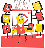 Man multi-tasking using computer technology, illustration