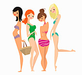 Portrait of smiling young women in swimwear, illustration