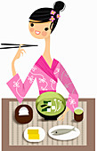 Woman enjoying Japanese food, illustration
