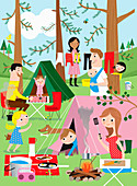 Families having fun camping in woods, illustration