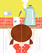 Girl watching boiling kettle in kitchen, illustration