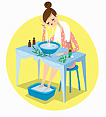 Woman with cold soaking feet, illustration