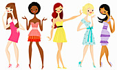 Young women in a row modelling dresses, illustration