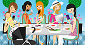 Women friends using cell phones, illustration