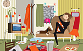 Lazy woman and dog watching TV, illustration