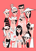 Portrait of group of happy people on holiday, illustration