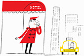 Hotel doorman blowing whistle to hail taxi cab, illustration