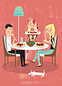 Family enjoying eating dinner together, illustration