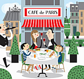 Family eating lunch together in Paris, illustration