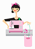 Woman using sewing machine, illustration