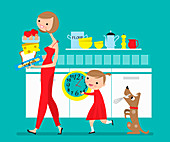 Mother and daughter cooking, illustration