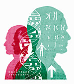 Chromosomes and double helix over men, illustration