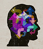 Confusing arrows inside of man's head, illustration