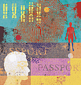 Man, chromosomes, fingerprint and passport, illustration