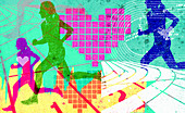 Woman running in healthy fitness collage, illustration