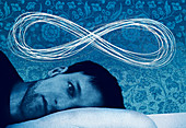 Infinity symbol above sleepless man, illustration