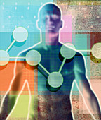 Molecules over defocused man's body, illustration