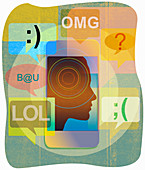 Man surrounded by text messaging symbols, illustration