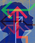 Confusing arrows over silhouette head of woman, illustration