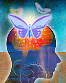 Butterflies emerging from human brain, illustration