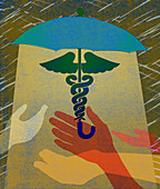 Hands sheltering below caduceus umbrella, illustration