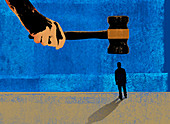 Large hand holding gavel about to hit man, illustration