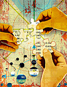 Hands solving finance jigsaw puzzle, illustration