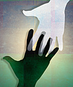 Black and white hands connecting, illustration
