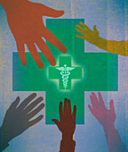 Hands reaching for caduceus symbol on cross, illustration