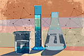 Network pattern connecting science beakers, illustration
