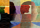 Men's profiles in abstract network pattern, illustration