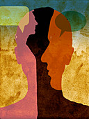 Man listening to different voices in his head, illustration