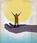 Hand supporting woman celebrating the sun, illustration