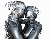 Android couple kissing and shattering, illustration