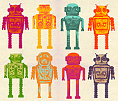 Variety of robots in a row, illustration