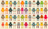 Pattern of variety of robots in a row, illustration