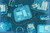 Airplane travel x-ray scan of suitcases, illustration