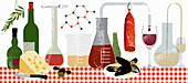 Molecules and experiments with food and drink, illustration