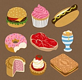 Egg, steak and assortment of unhealthy food, illustration