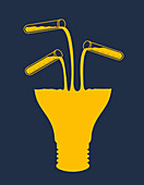Test tubes pouring yellow liquid filling bulb, illustration