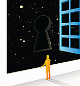 Man looking out of window at keyhole, illustration
