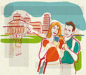 People using wireless for sightseeing, illustration