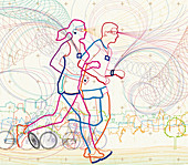 Man and woman running together, illustration