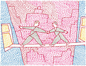 Two men bridging gap between buildings, illustration