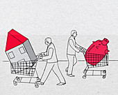 Businessmen pushing house and piggy bank, illustration