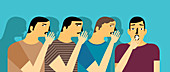Row of men whispering gossip to surprised man, illustration