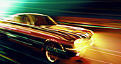 Car moving at speed at night, illustration